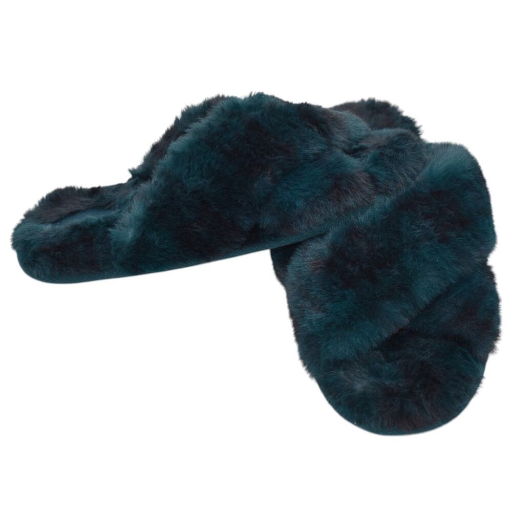 PINK Fuzzy Open Toe Crisscross Slippers - Blue Green & Black - Womens Medium